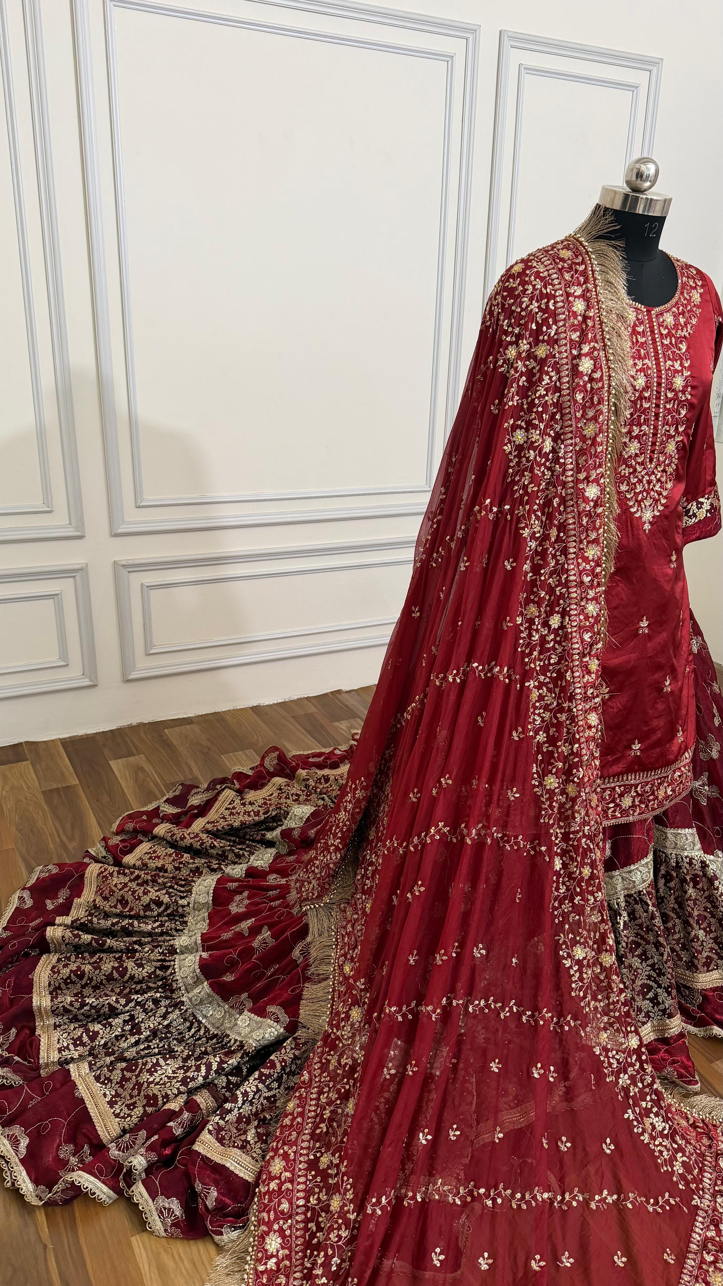 BLOOD MAROON BRIDAL FARSHI OUTFIT
