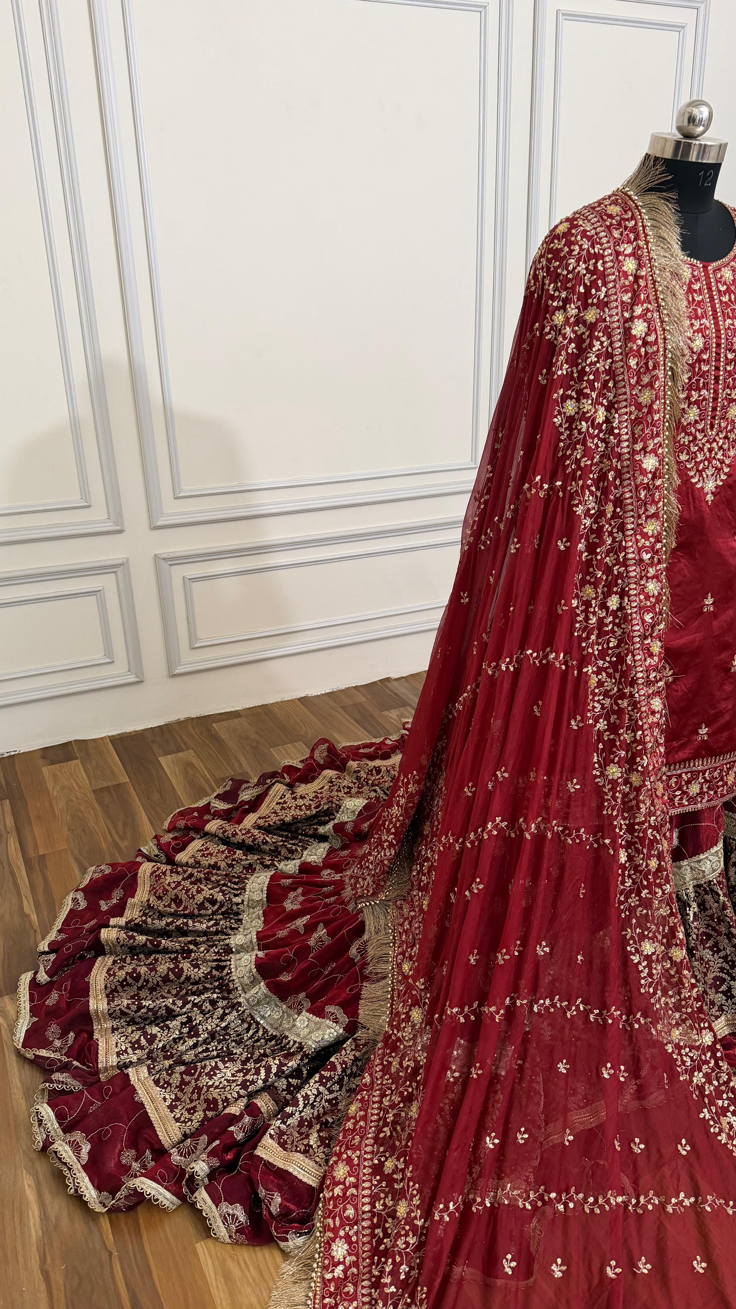 BLOOD MAROON BRIDAL FARSHI OUTFIT