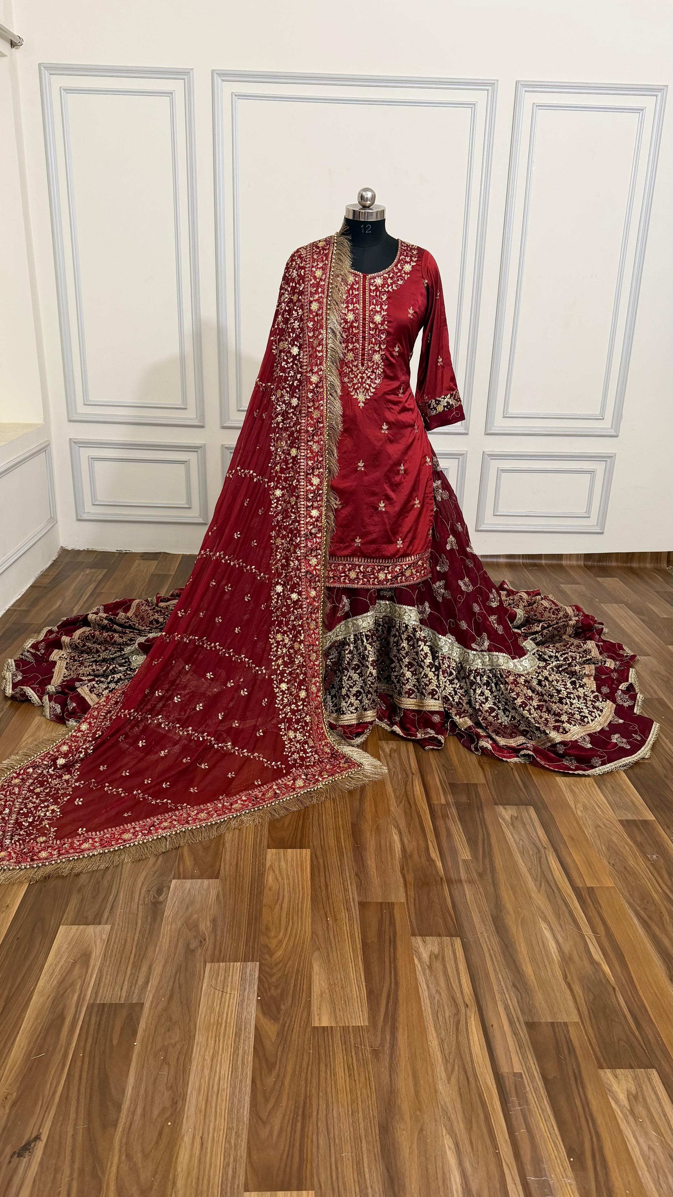 BLOOD MAROON BRIDAL FARSHI OUTFIT