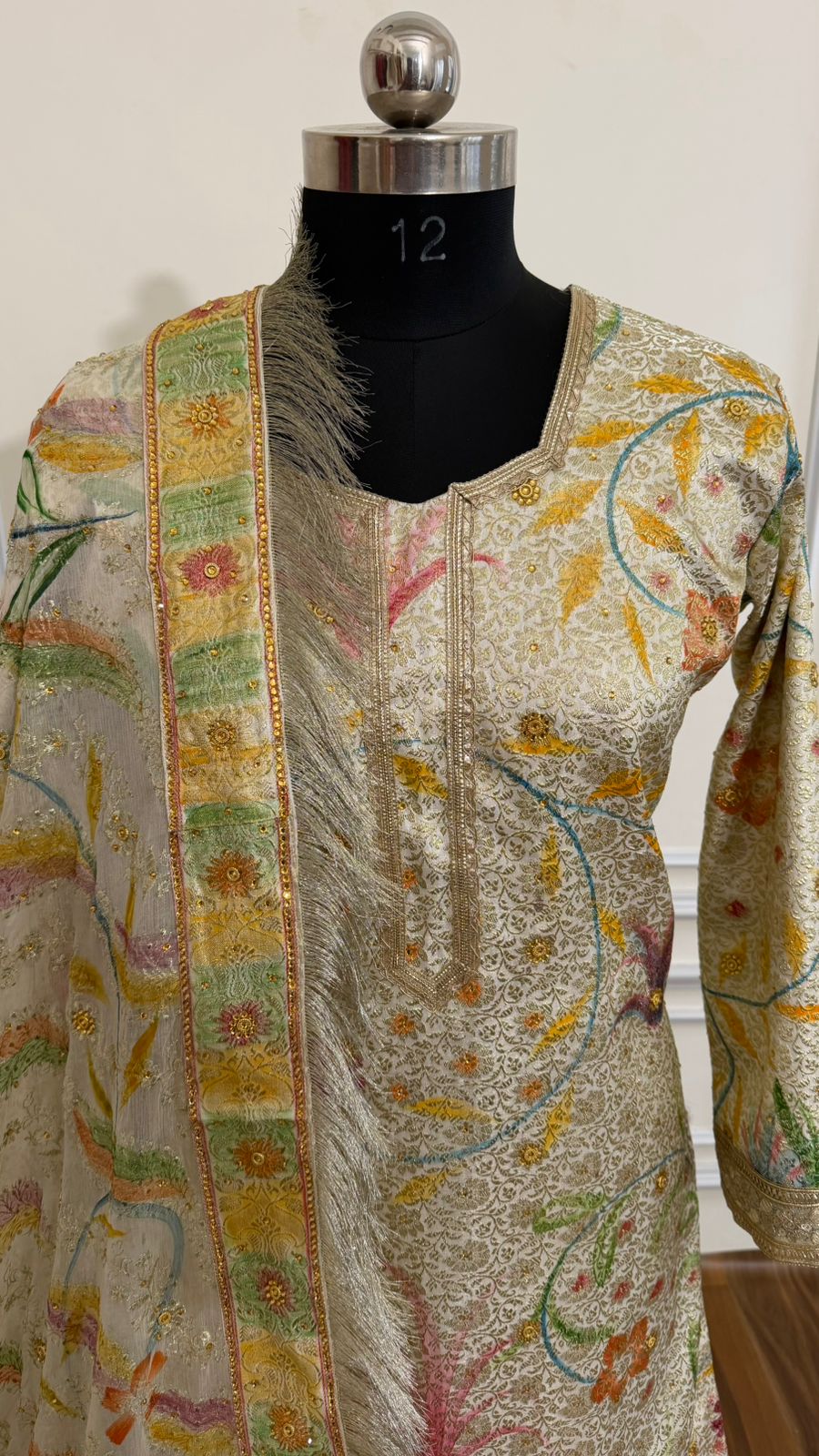 OFF WHITE COLOR HAND PAINTED BANARASI KIMKHAB GHARARA