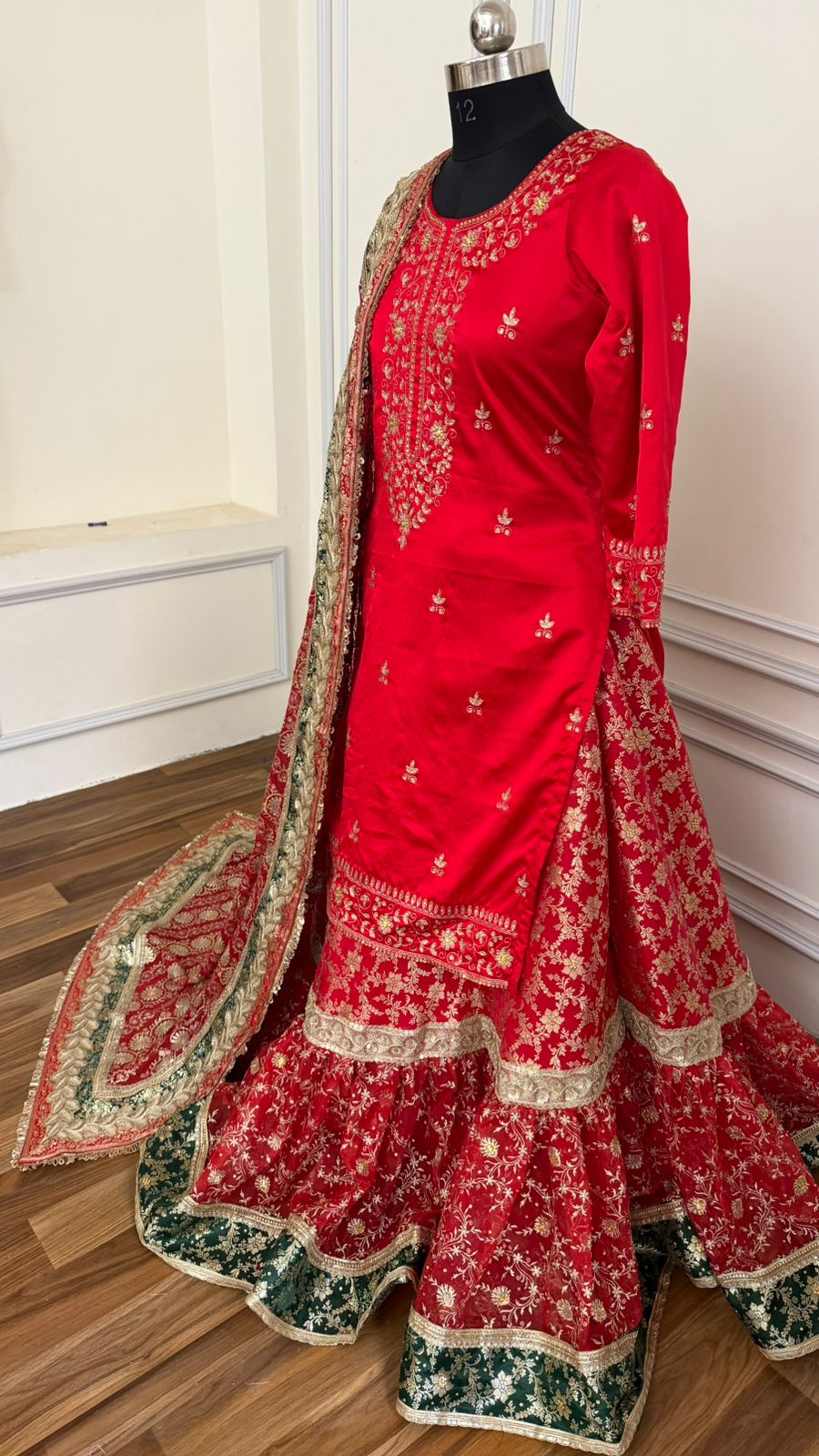 RED FARSHI WITH GREEN CONTRAST LEHENGA