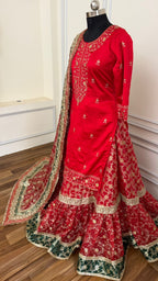 RED FARSHI WITH GREEN CONTRAST LEHENGA