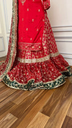 RED FARSHI WITH GREEN CONTRAST LEHENGA