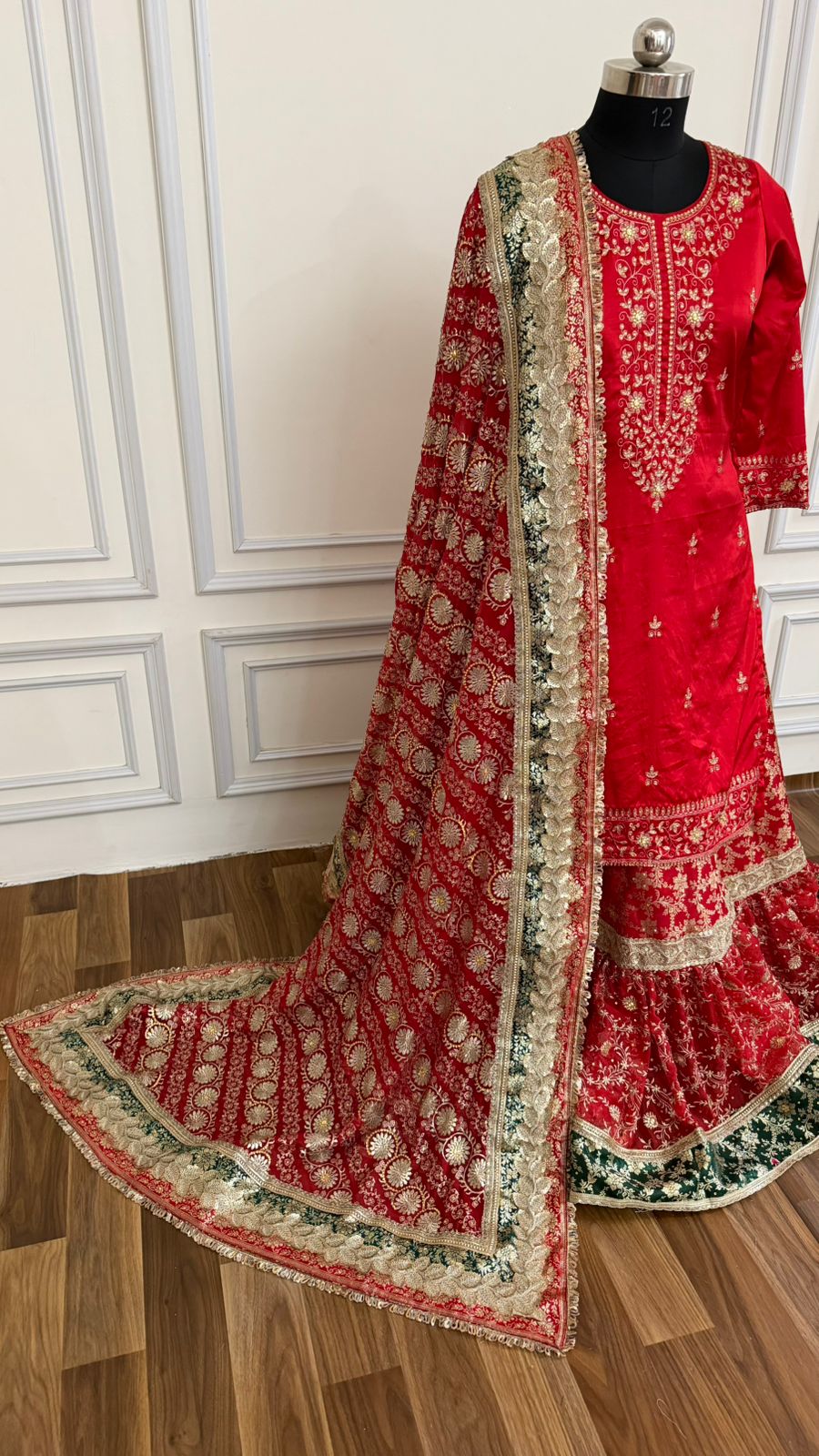 RED FARSHI WITH GREEN CONTRAST LEHENGA