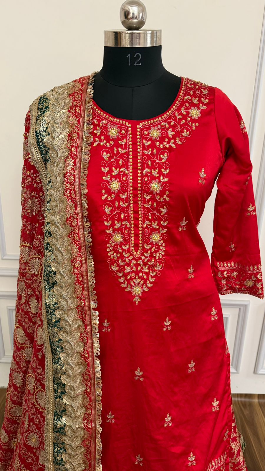 RED FARSHI WITH GREEN CONTRAST LEHENGA