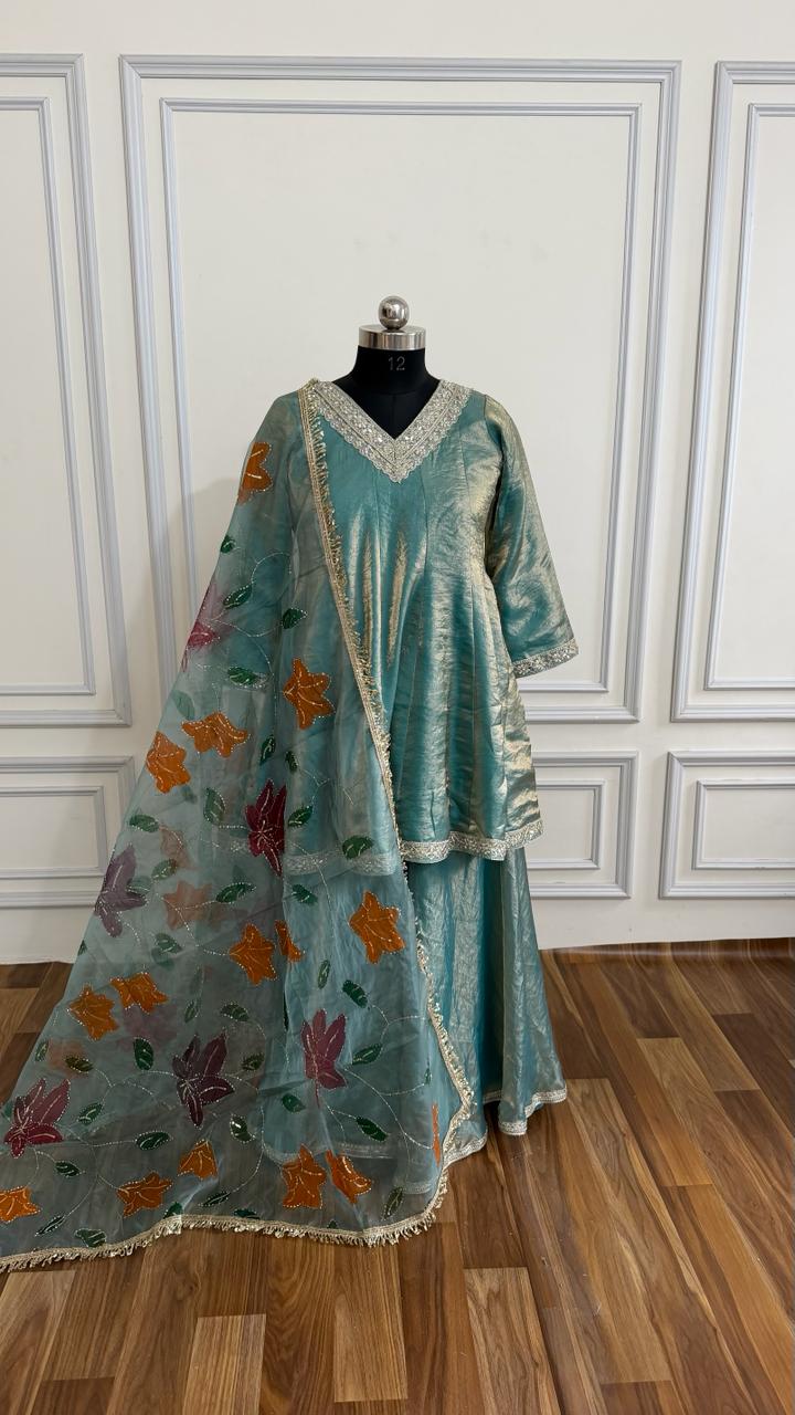 ITALIAN SHIMMER SILK BASED SHARARA WITH HAND PAINTED DUPATTA