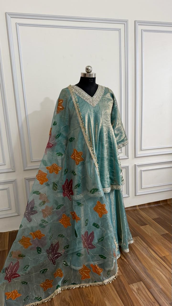 ITALIAN SHIMMER SILK BASED SHARARA WITH HAND PAINTED DUPATTA