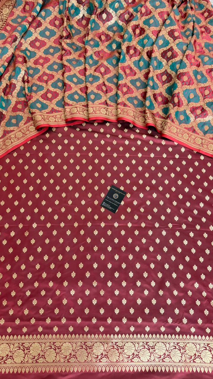 CHINA ROSE SKY BLUE RANGCART MASHRU SILK 3 PIECE SUIT