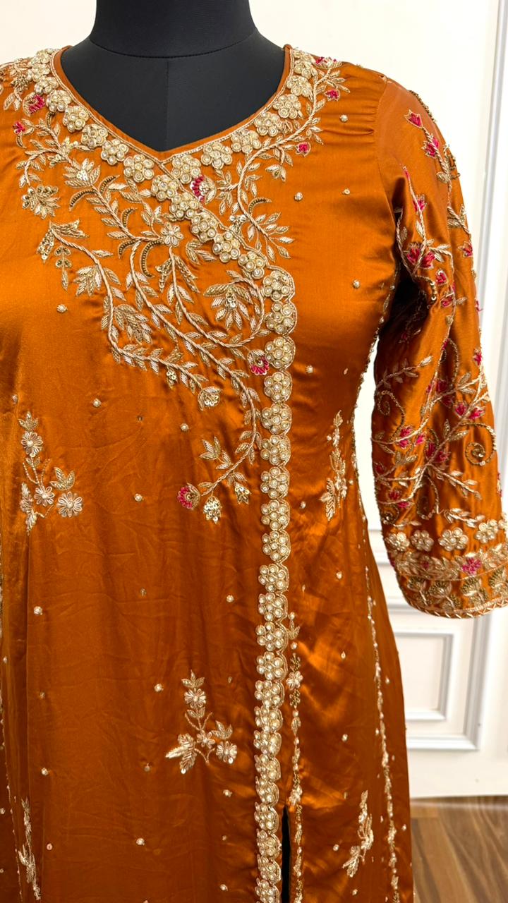 RUST ORANGE COLOR A LINE KURTI ANGRAKHA STYLE