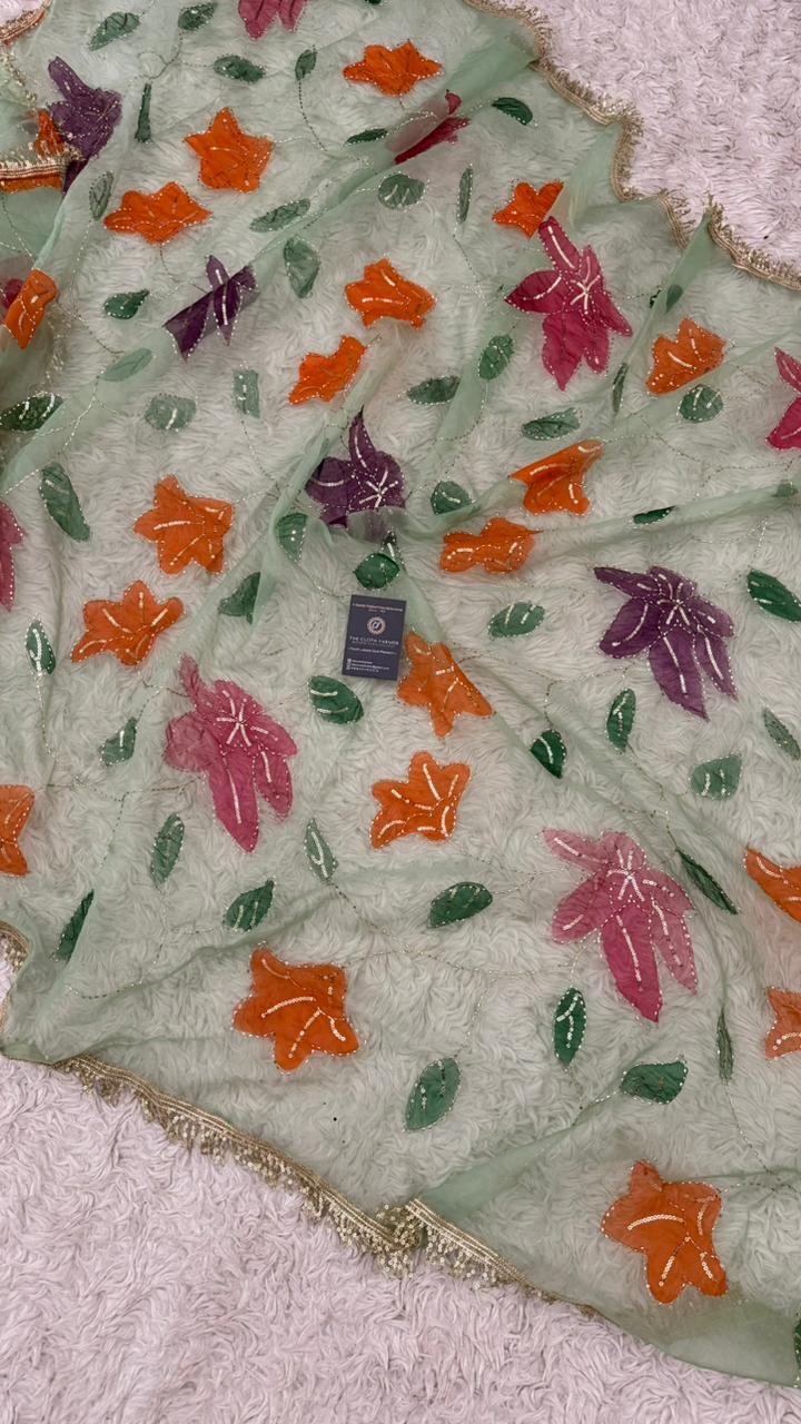 ORANGE MAROON GREEN FLORAL PAINTED DUPATTA