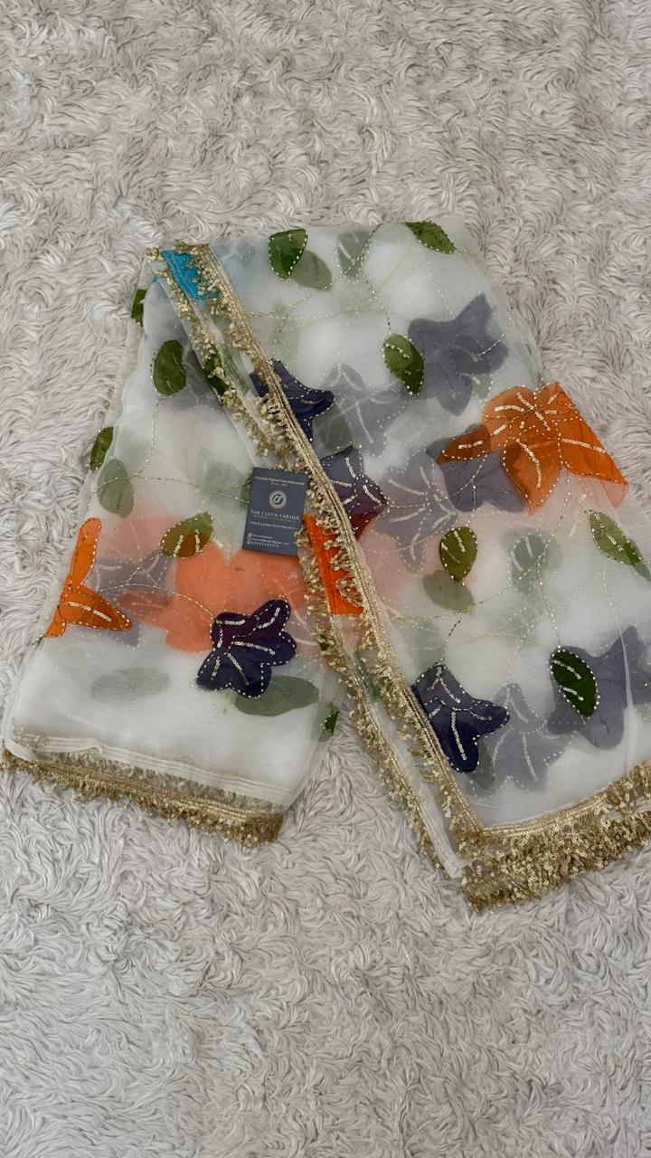 ORANGE DARK BLUE SKY BLUE FLORAL PAINTED DUPATTA