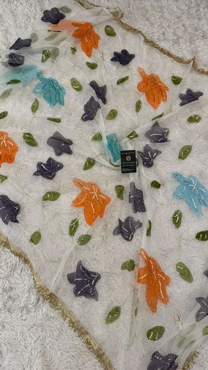 ORANGE DARK BLUE SKY BLUE FLORAL PAINTED DUPATTA