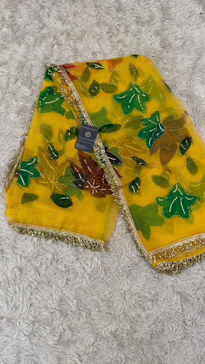 GREEN MAROON ORANGE FLORAL PAINTED DUPATTA