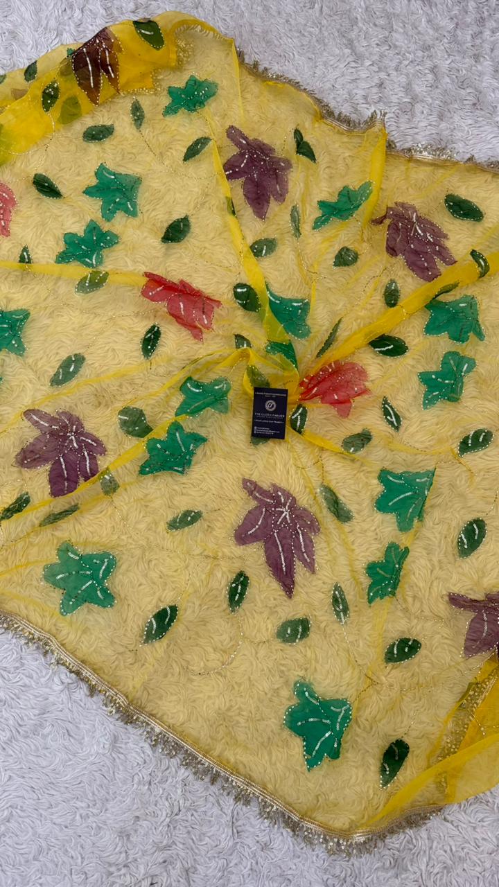 GREEN MAROON ORANGE FLORAL PAINTED DUPATTA
