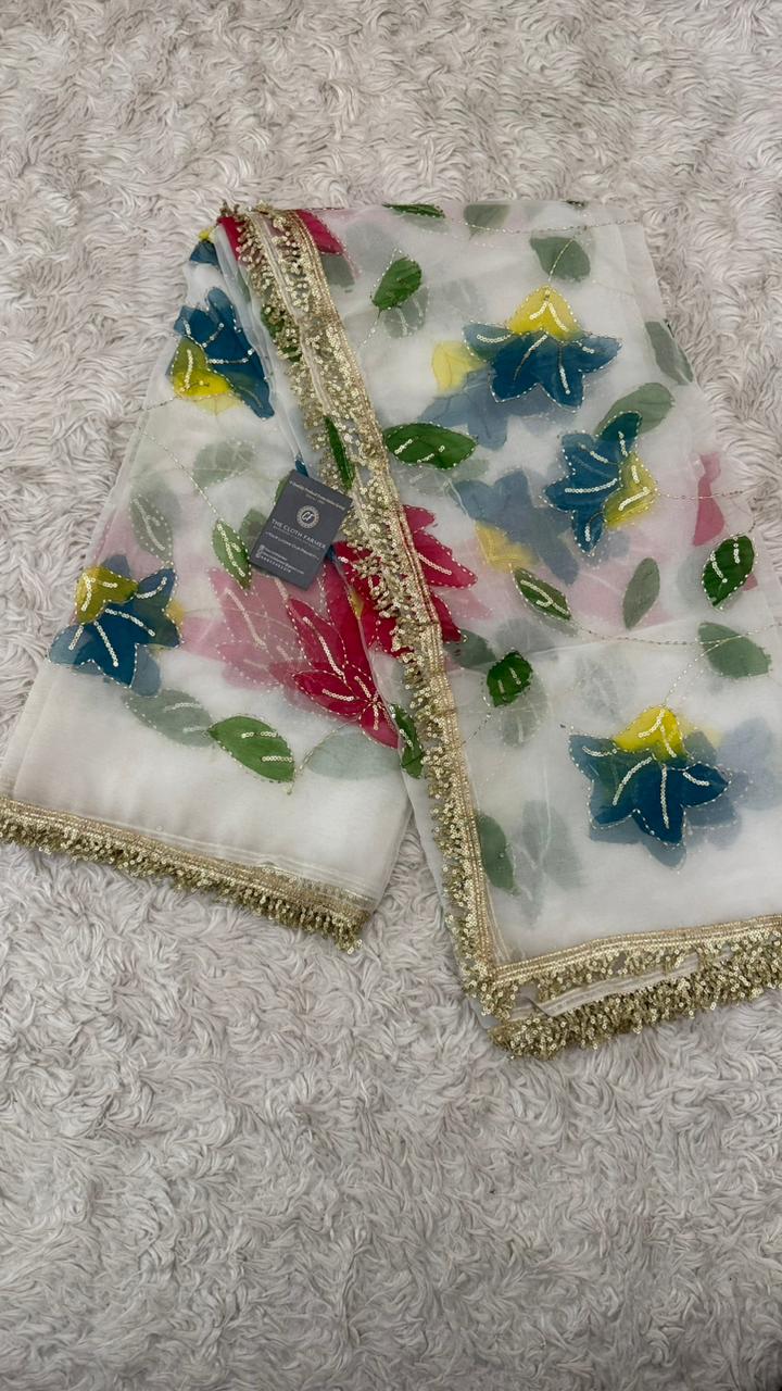 RED BLUE GREEN FLORAL PAINTED DUPATTA