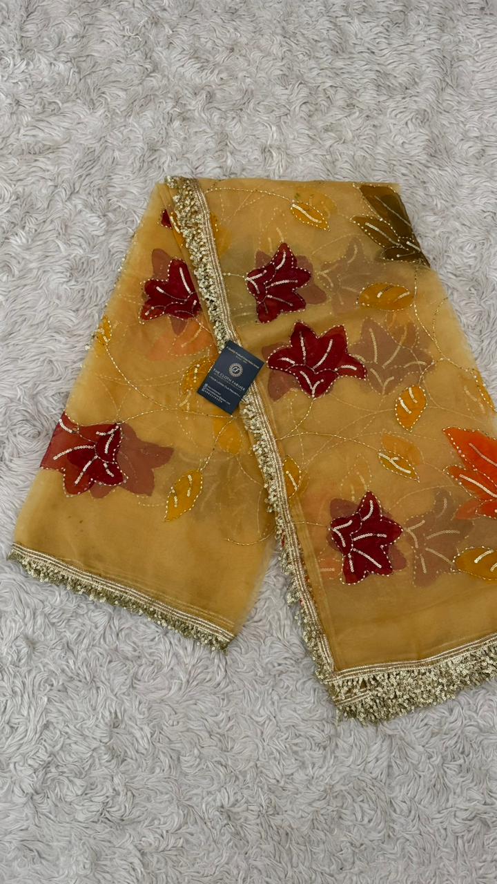 ORANGE YELLOW MAROON FLORAL PAINTED DUPATTA