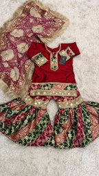MULTI STRIPE KIMKHAB GHARARA WITH FLOWER DUPATTA