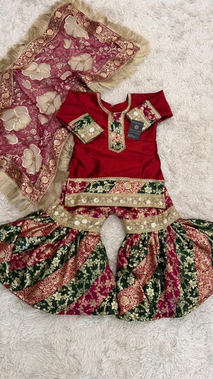 MULTI STRIPE KIMKHAB GHARARA WITH FLOWER DUPATTA