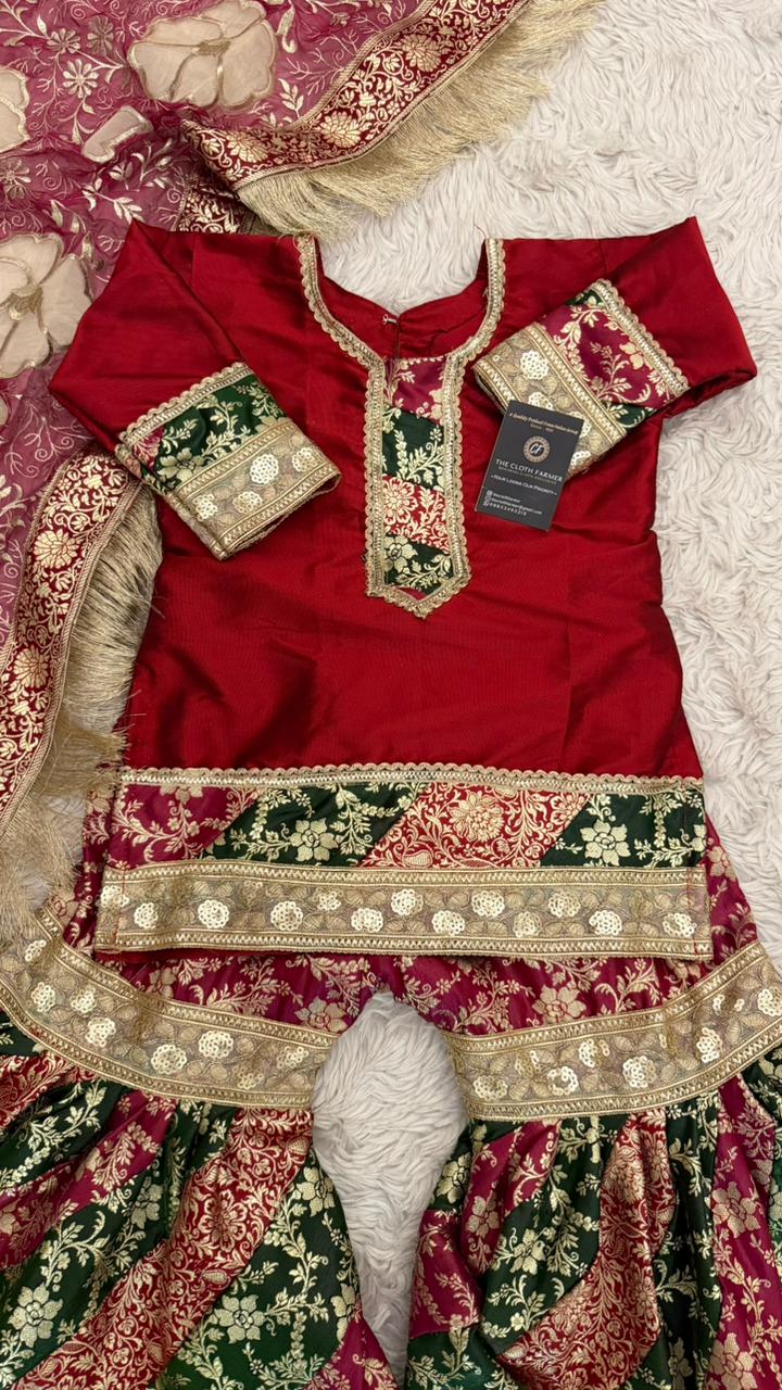 MULTI STRIPE KIMKHAB GHARARA WITH FLOWER DUPATTA