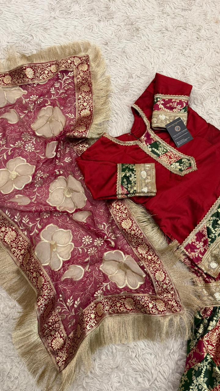 MULTI STRIPE KIMKHAB GHARARA WITH FLOWER DUPATTA