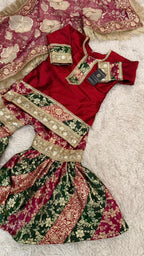 MULTI STRIPE KIMKHAB GHARARA WITH FLOWER DUPATTA
