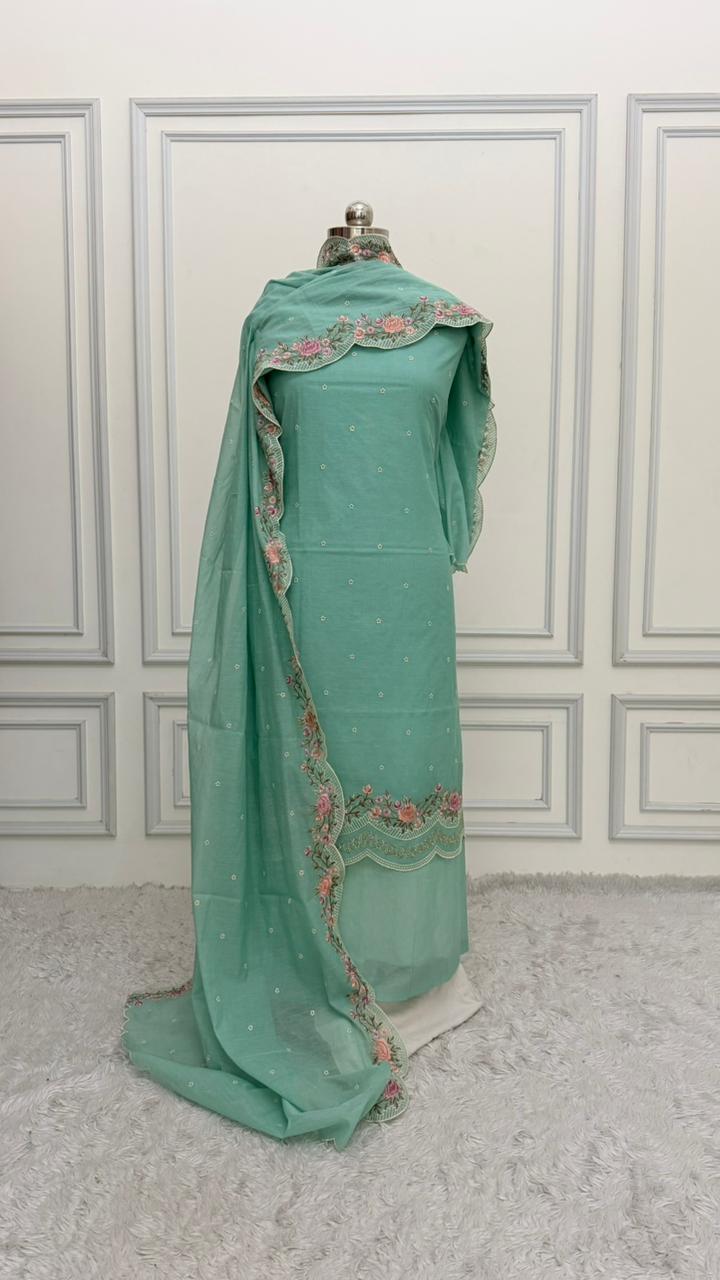 FLORAL MINT GREEN COTTON MUL 3 PIECE SUIT