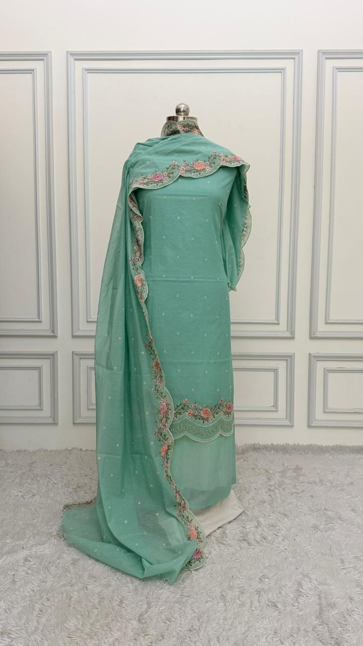 FLORAL MINT GREEN COTTON MUL 3 PIECE SUIT