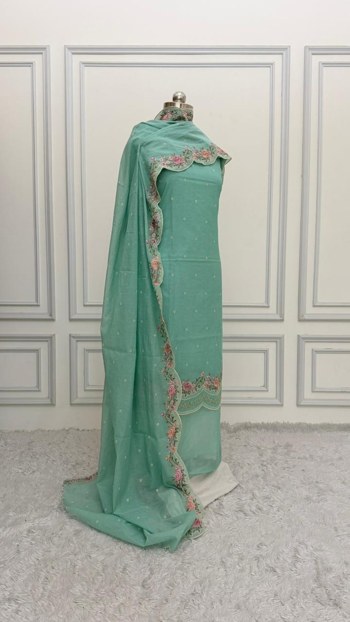 FLORAL MINT GREEN COTTON MUL 3 PIECE SUIT