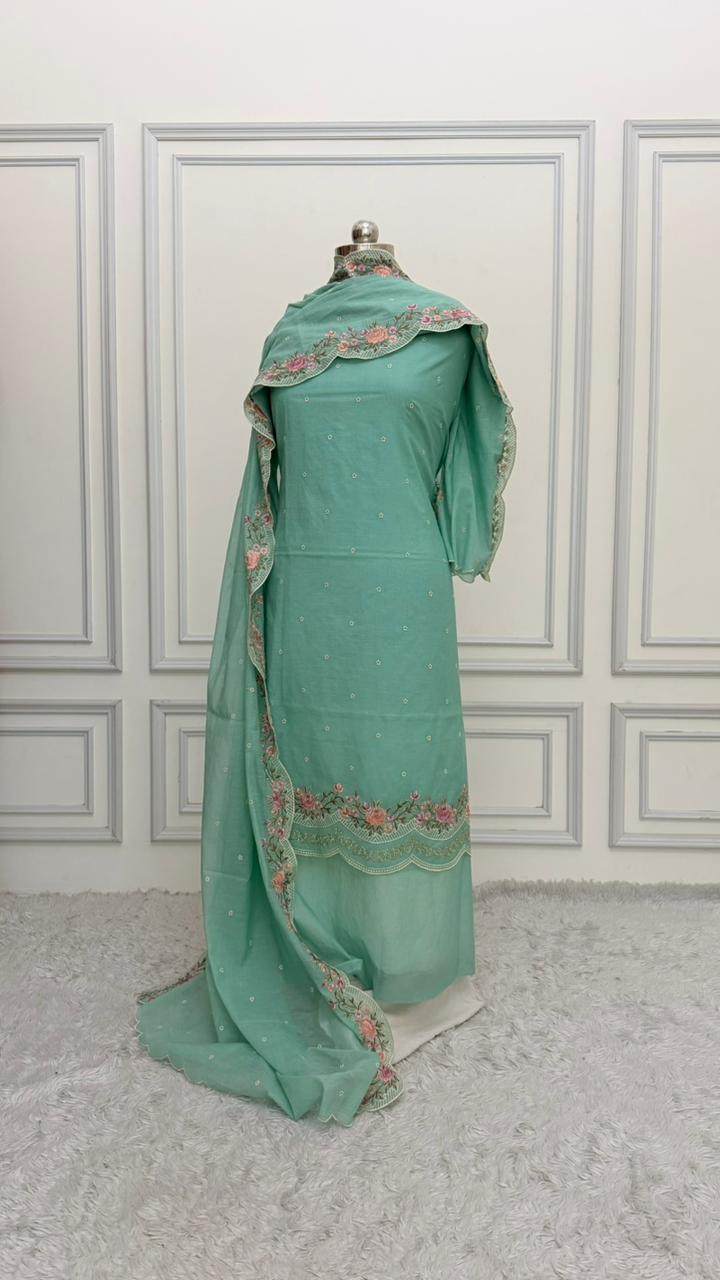 FLORAL MINT GREEN COTTON MUL 3 PIECE SUIT