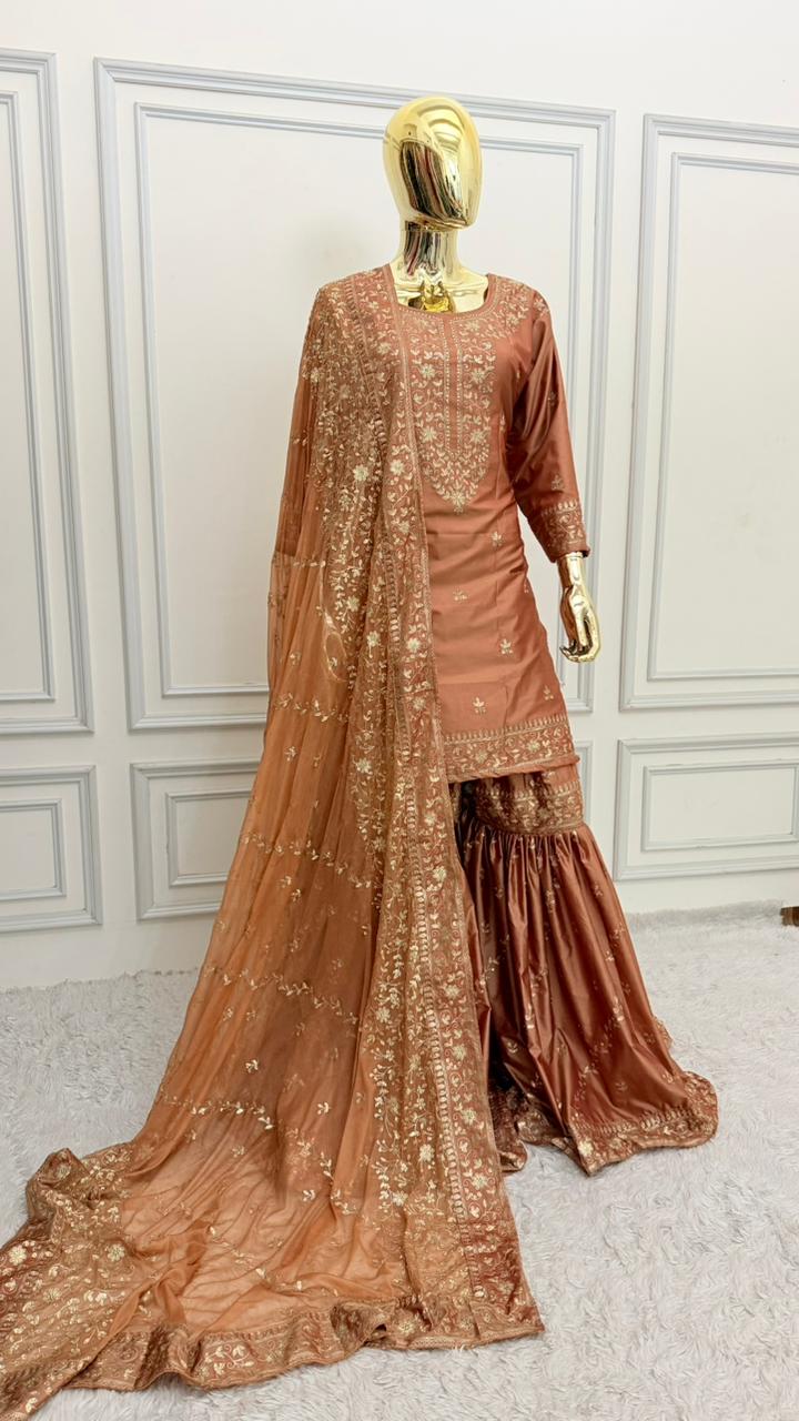 REDDISH PEACH SHADE VISCOSE SILK BASED GHARARA