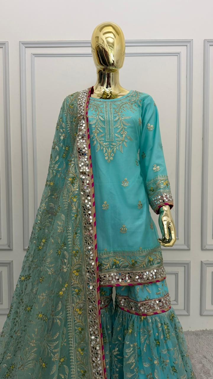 SKY BLUE COLOR ORGANZA GHARARA