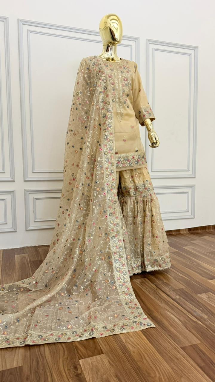 BEIGE SHINY ORGANZA GHARARA
