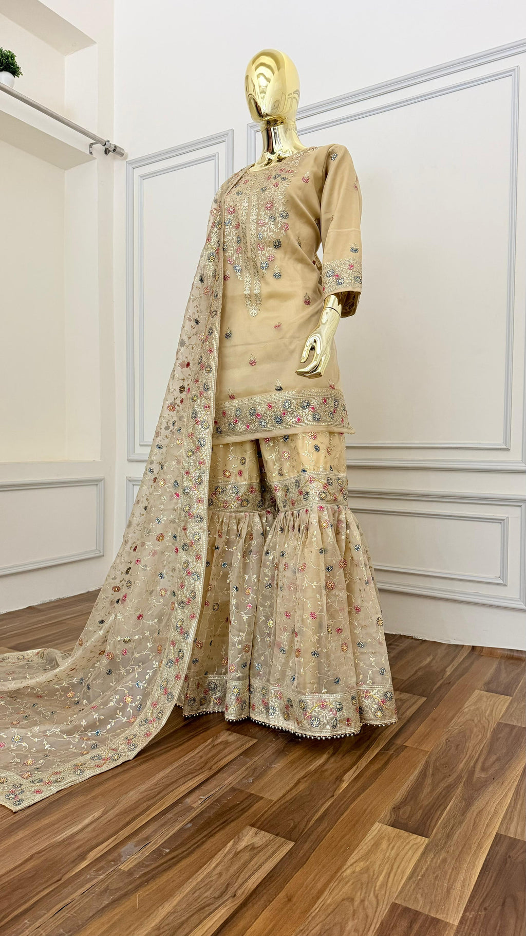 BEIGE SHINY ORGANZA GHARARA