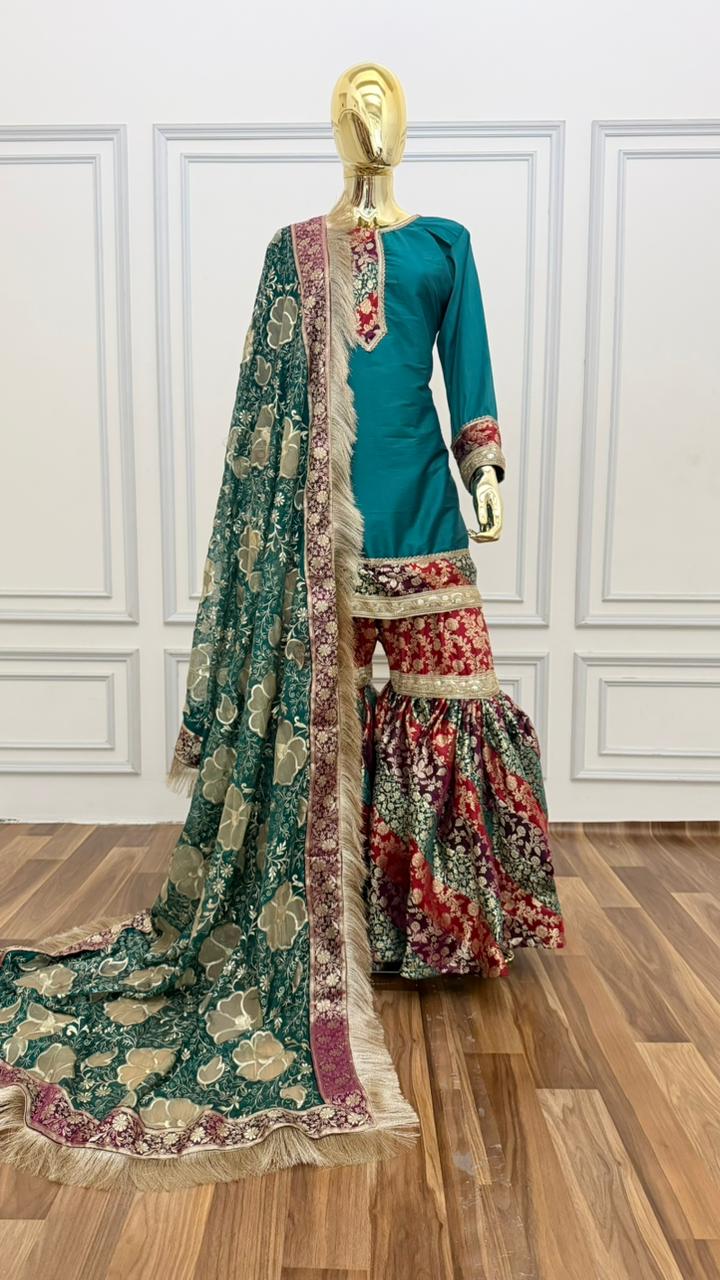 MOTHER DAUGHTER COMBO MULTI STRIPE KIMKHAB GHARARA