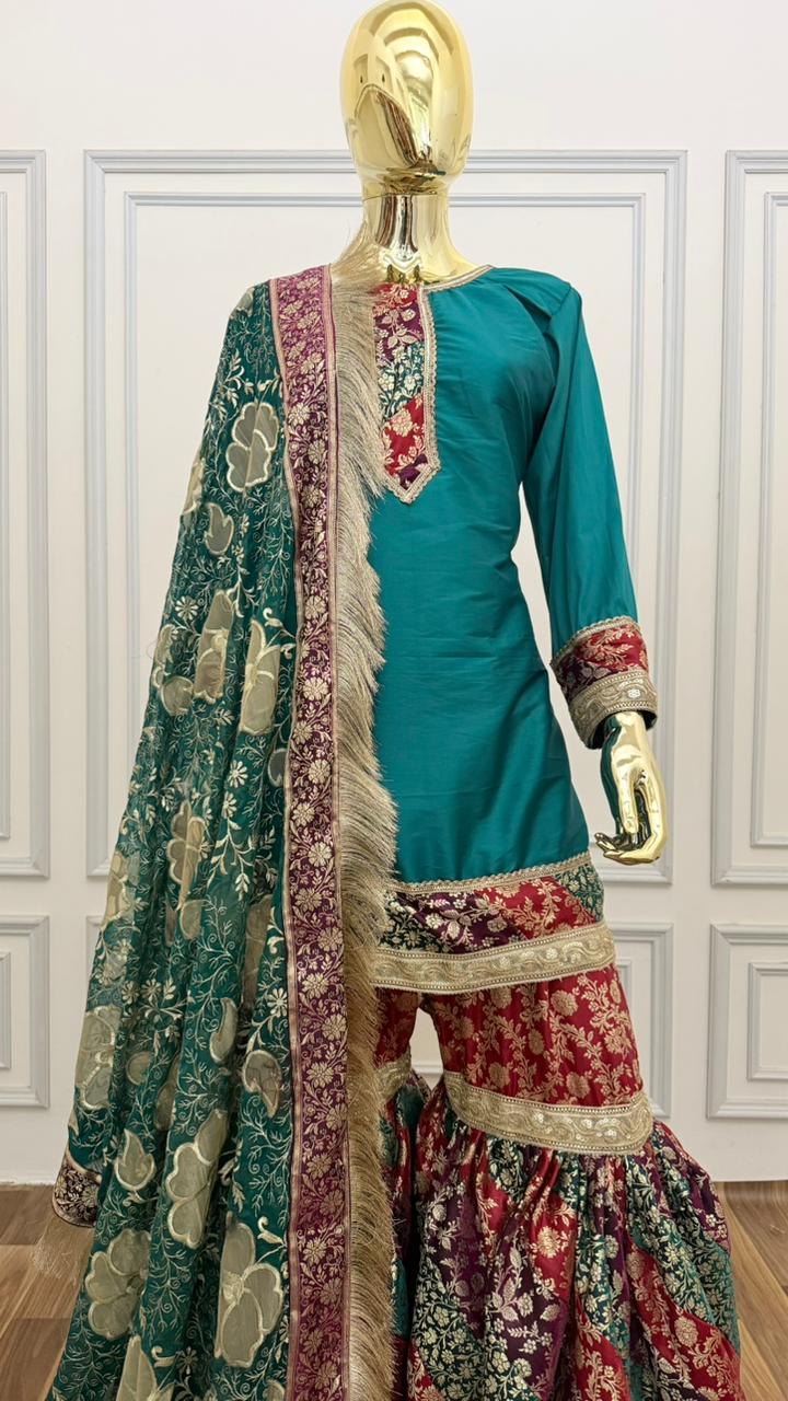 MOTHER DAUGHTER COMBO MULTI STRIPE KIMKHAB GHARARA