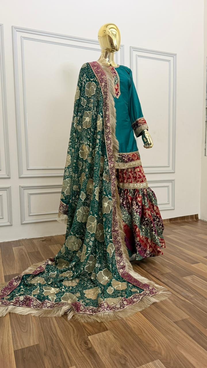 MOTHER DAUGHTER COMBO MULTI STRIPE KIMKHAB GHARARA