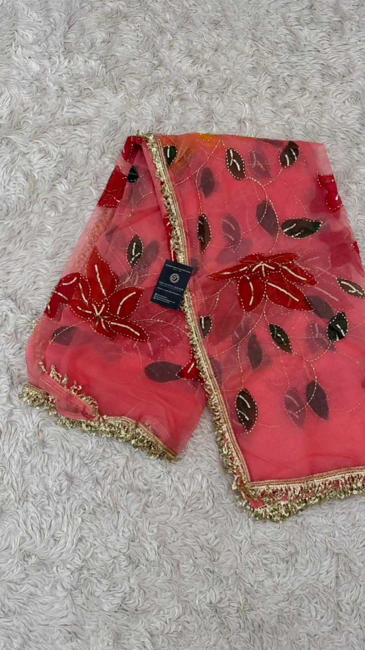GREEN YELLOW MAROON FLORAL PAINTED DUPATTA
