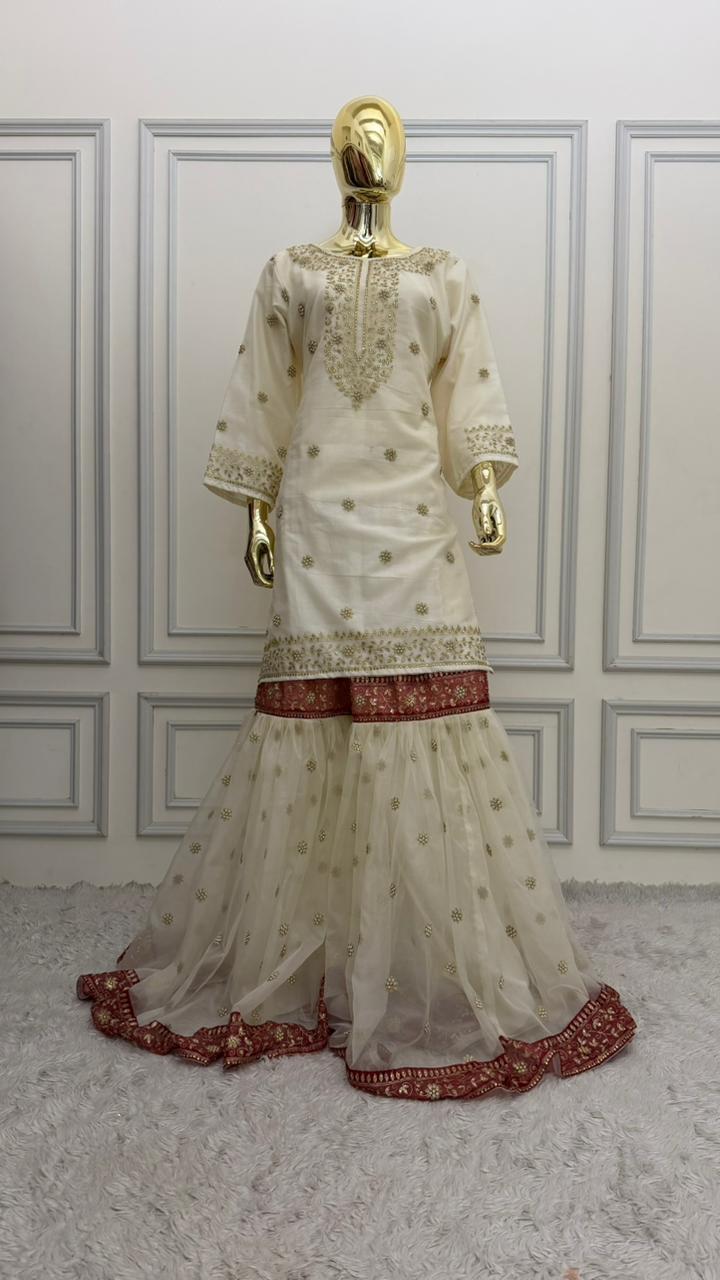 OFF-WHITE MAROON MEENA MOTIF ORGANZA GHARARA