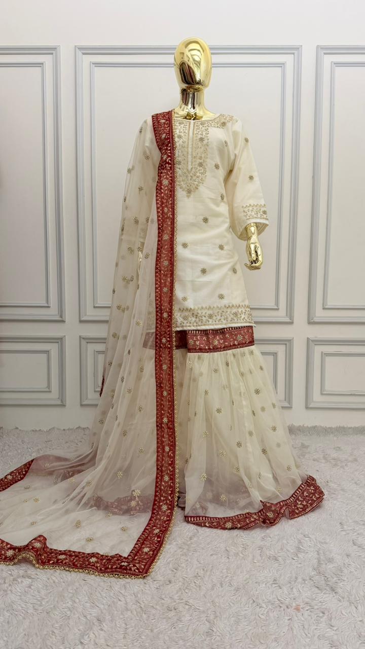 OFF-WHITE MAROON MEENA MOTIF ORGANZA GHARARA