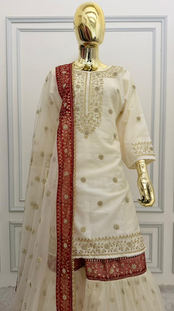 OFF-WHITE MAROON MEENA MOTIF ORGANZA GHARARA