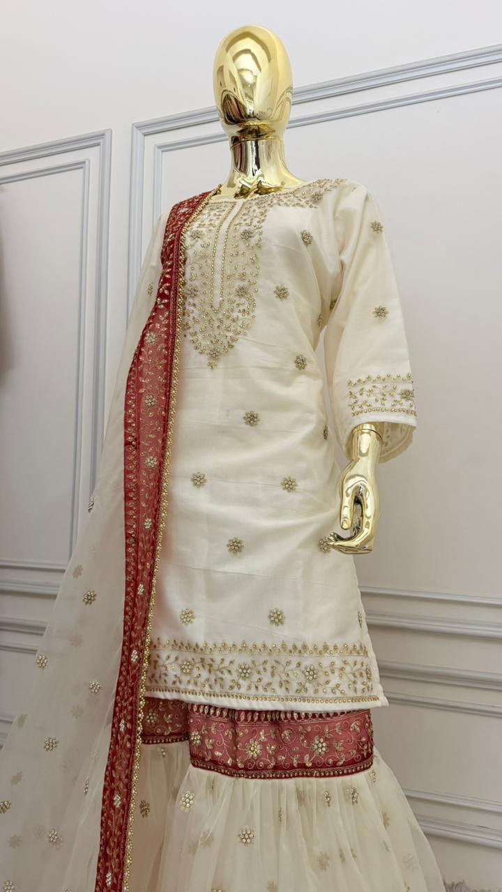 OFF-WHITE MAROON MEENA MOTIF ORGANZA GHARARA