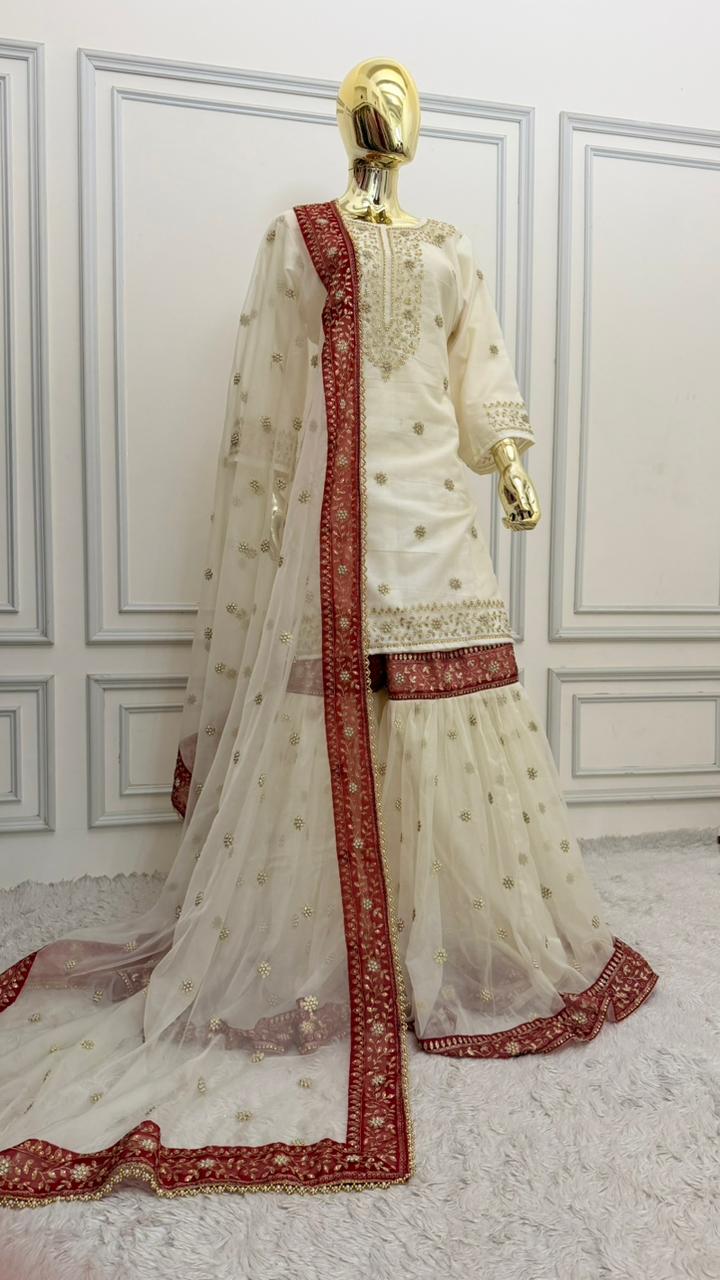 OFF-WHITE MAROON MEENA MOTIF ORGANZA GHARARA