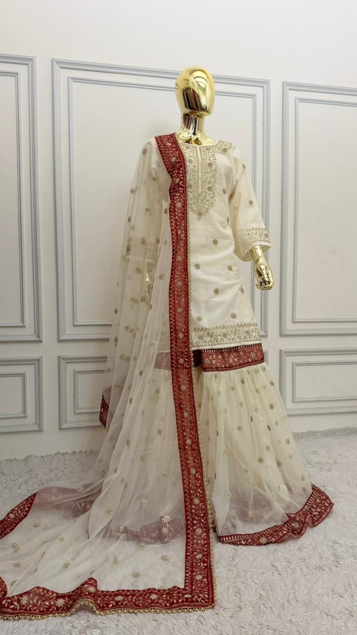 OFF-WHITE MAROON MEENA MOTIF ORGANZA GHARARA