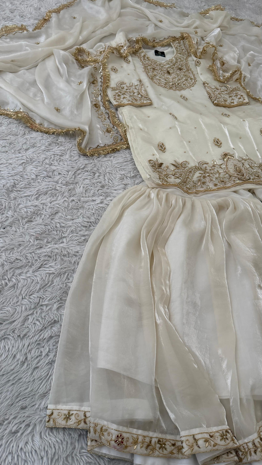 WHITE ITALIAN SHIMMER SILK BASED ZARDOZI GHARARA