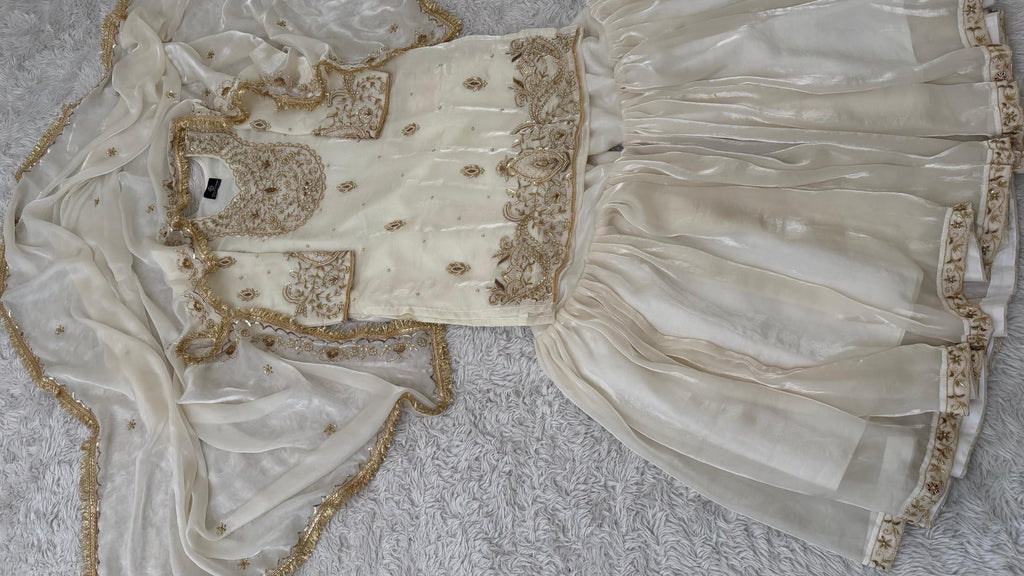 WHITE ITALIAN SHIMMER SILK BASED ZARDOZI GHARARA