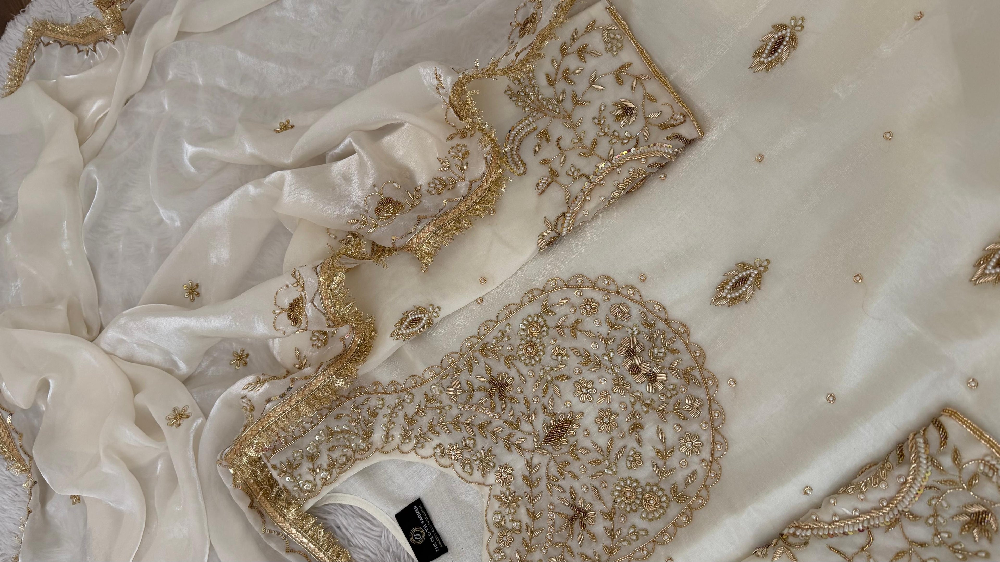WHITE ITALIAN SHIMMER SILK BASED ZARDOZI GHARARA