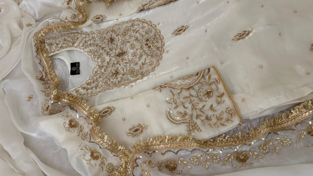 WHITE ITALIAN SHIMMER SILK BASED ZARDOZI GHARARA