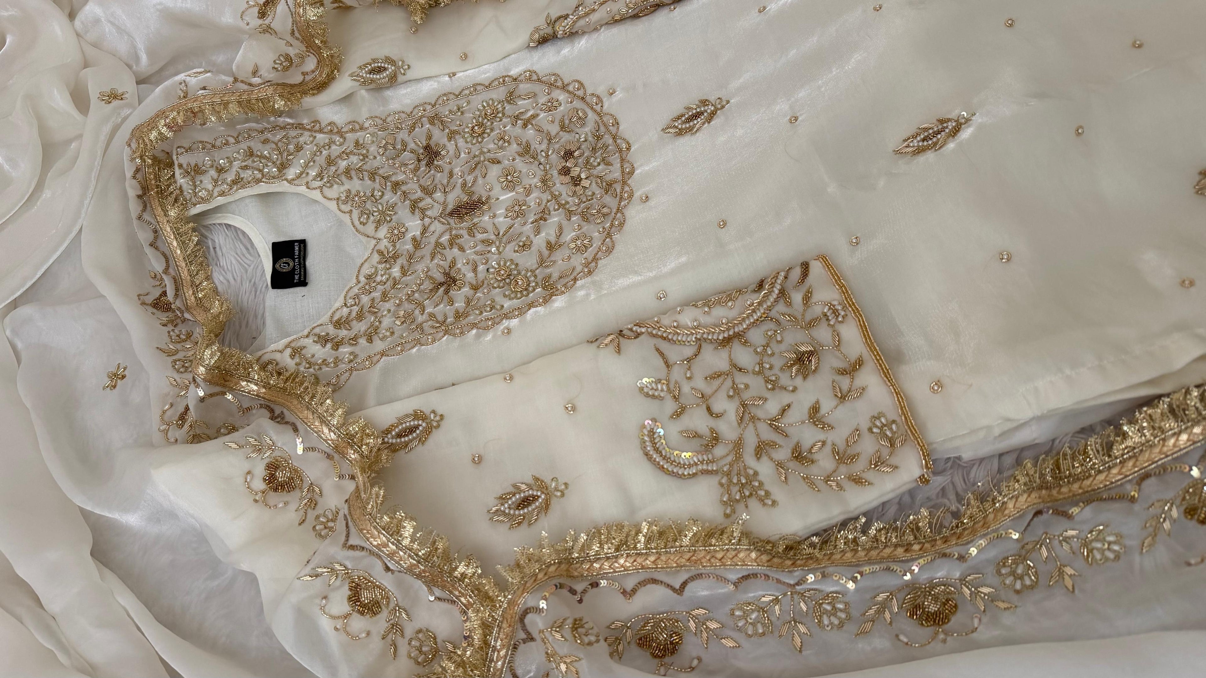 WHITE ITALIAN SHIMMER SILK BASED ZARDOZI GHARARA