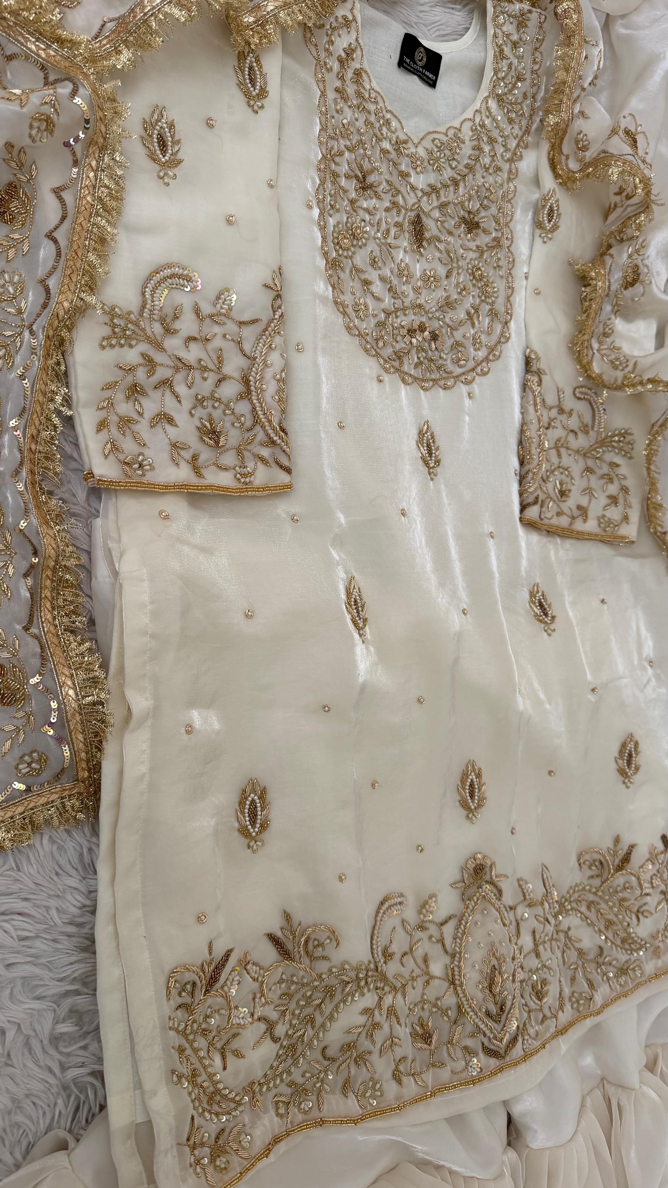 WHITE ITALIAN SHIMMER SILK BASED ZARDOZI GHARARA