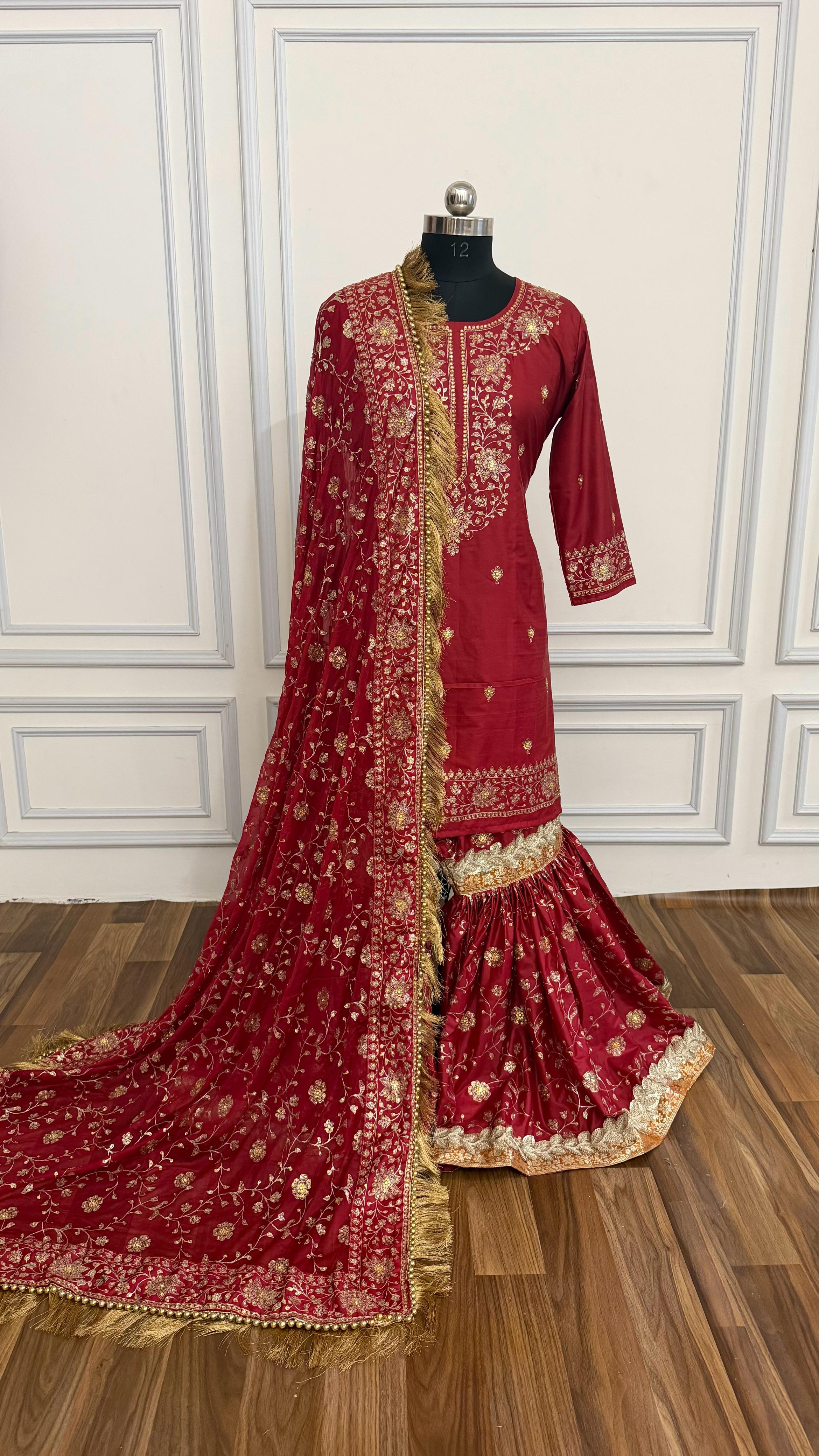 Bridal maroon viscose silk based gharara
